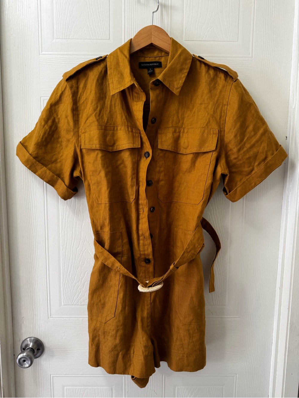 Banana Republic Mustard Short-Sleeve Button-Front Utility Romper